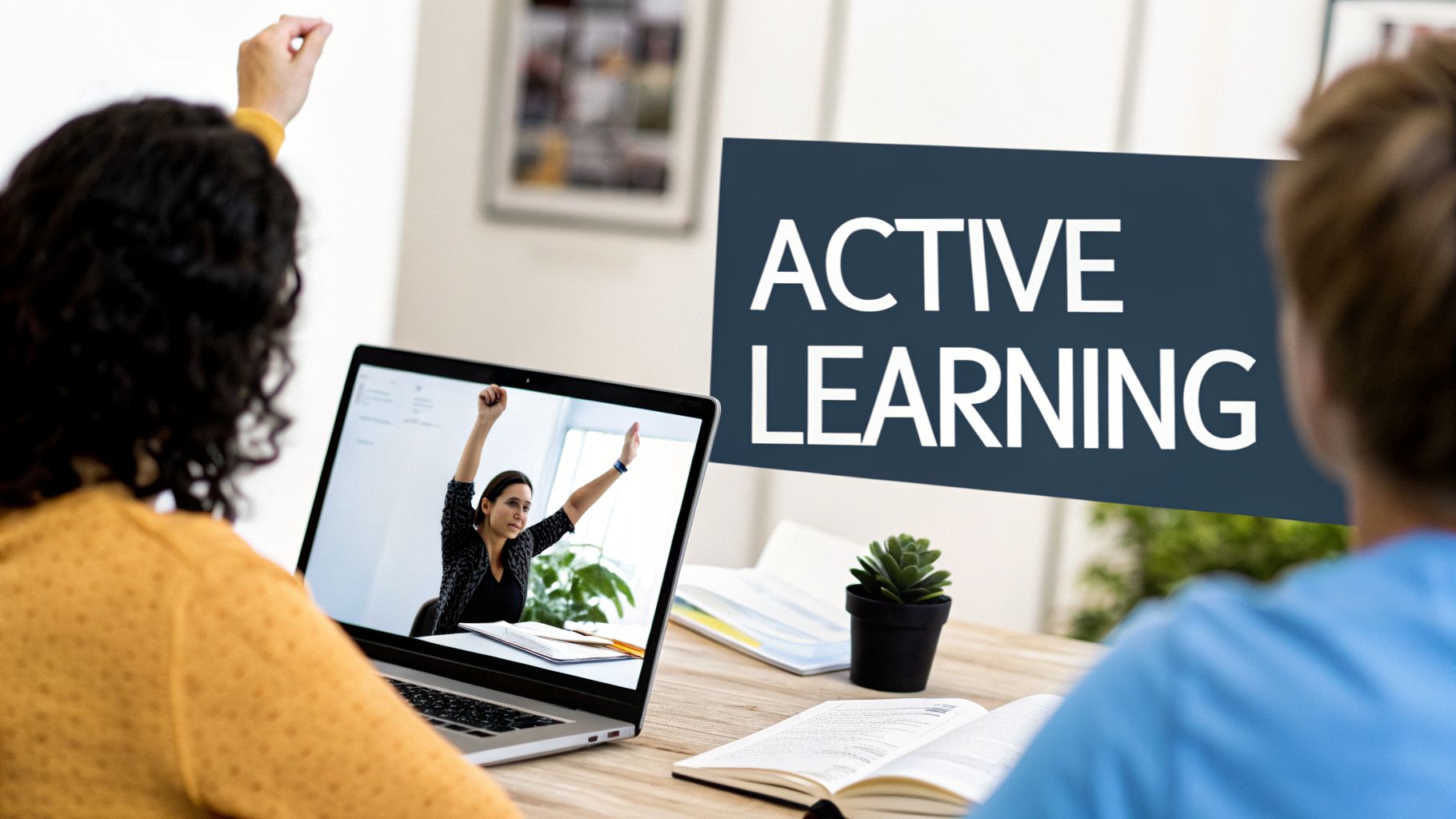 Two students engage in active learning, watching a video on a laptop and raising their hands.