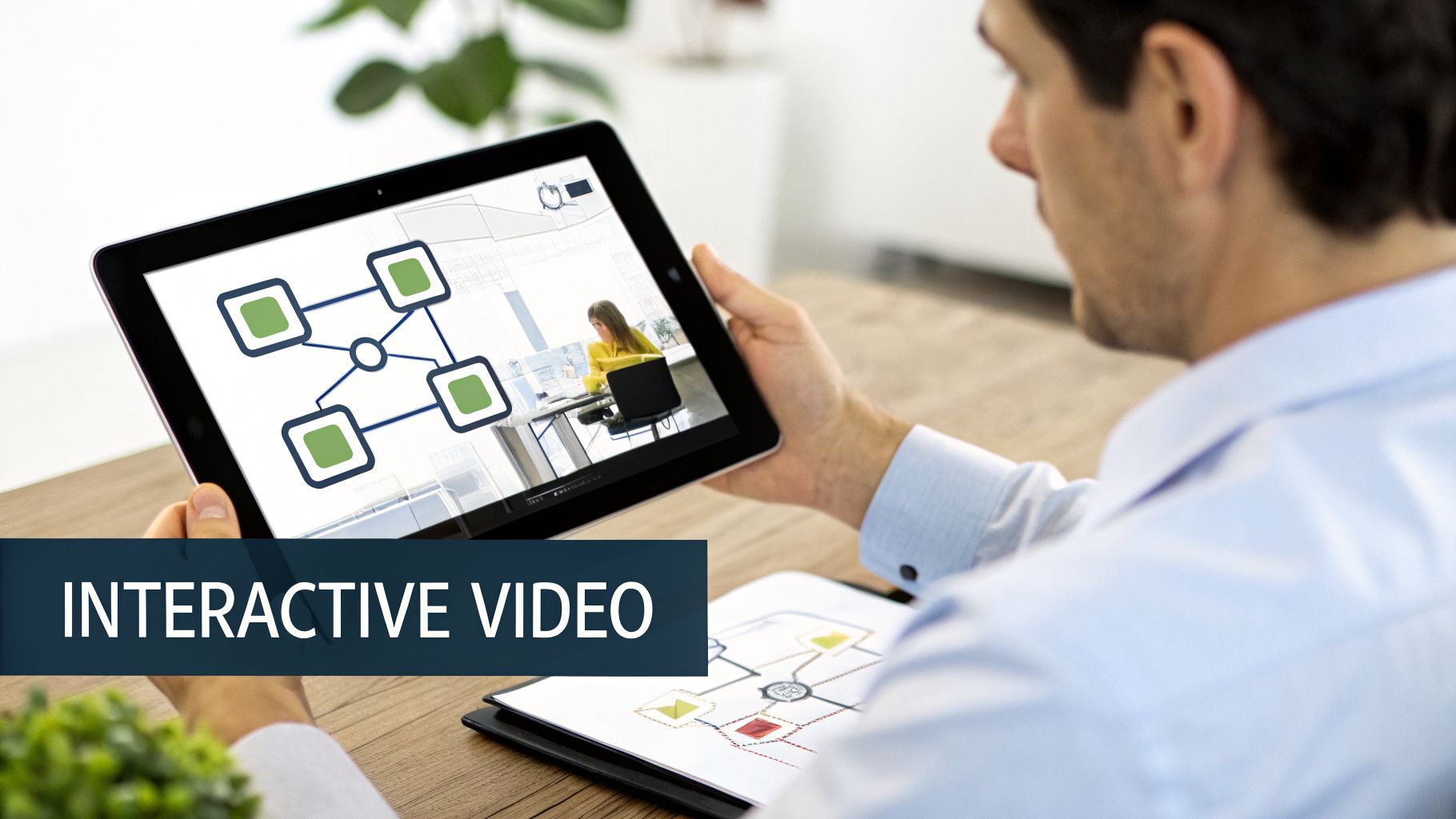 A man watches an interactive video on a tablet, displaying a diagram and a woman working.