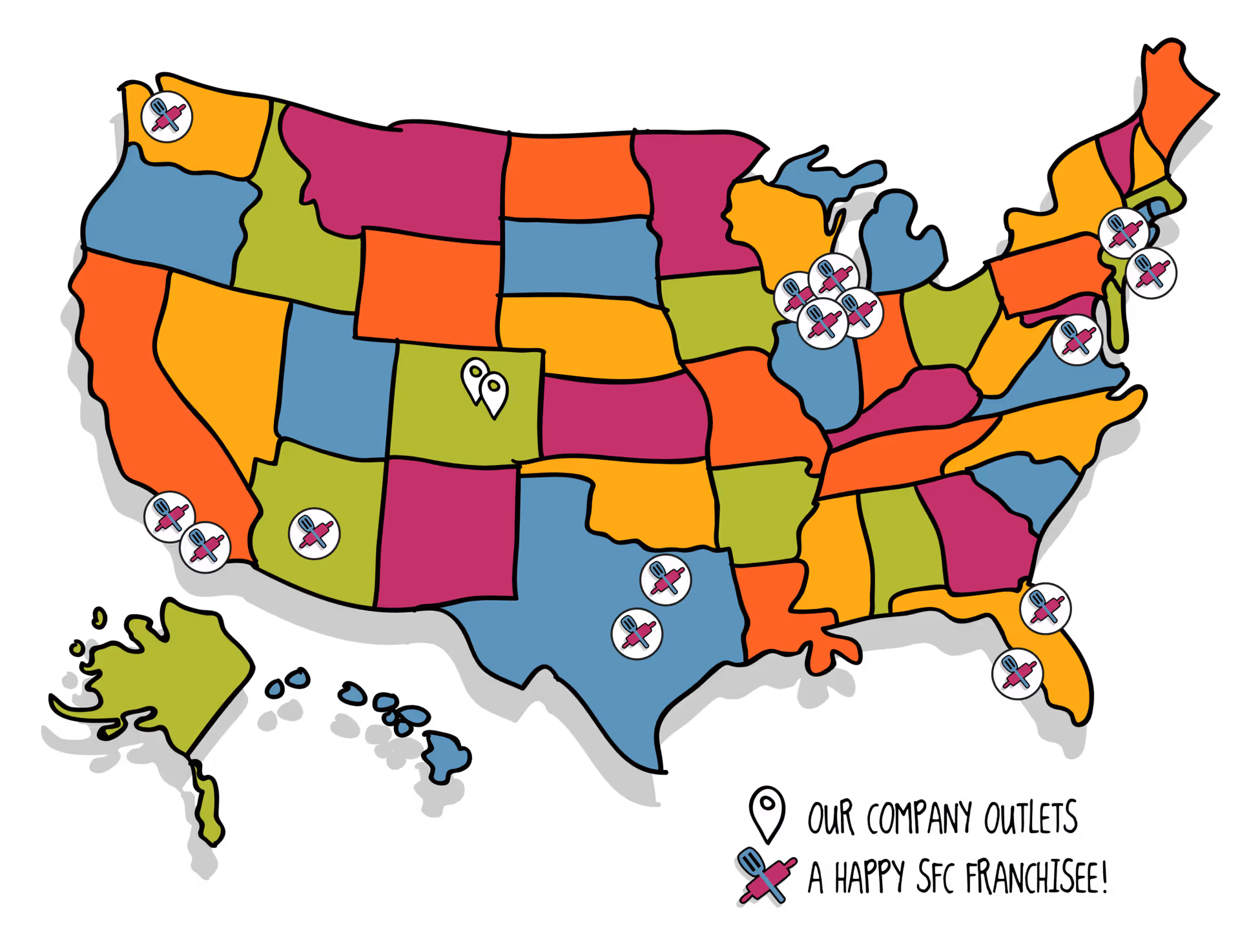 SFC franchise map of the uniter states, with locations in Texas, California, Illinois, Florida, New Jersey, and Massachusetts, with headquarters in Denver