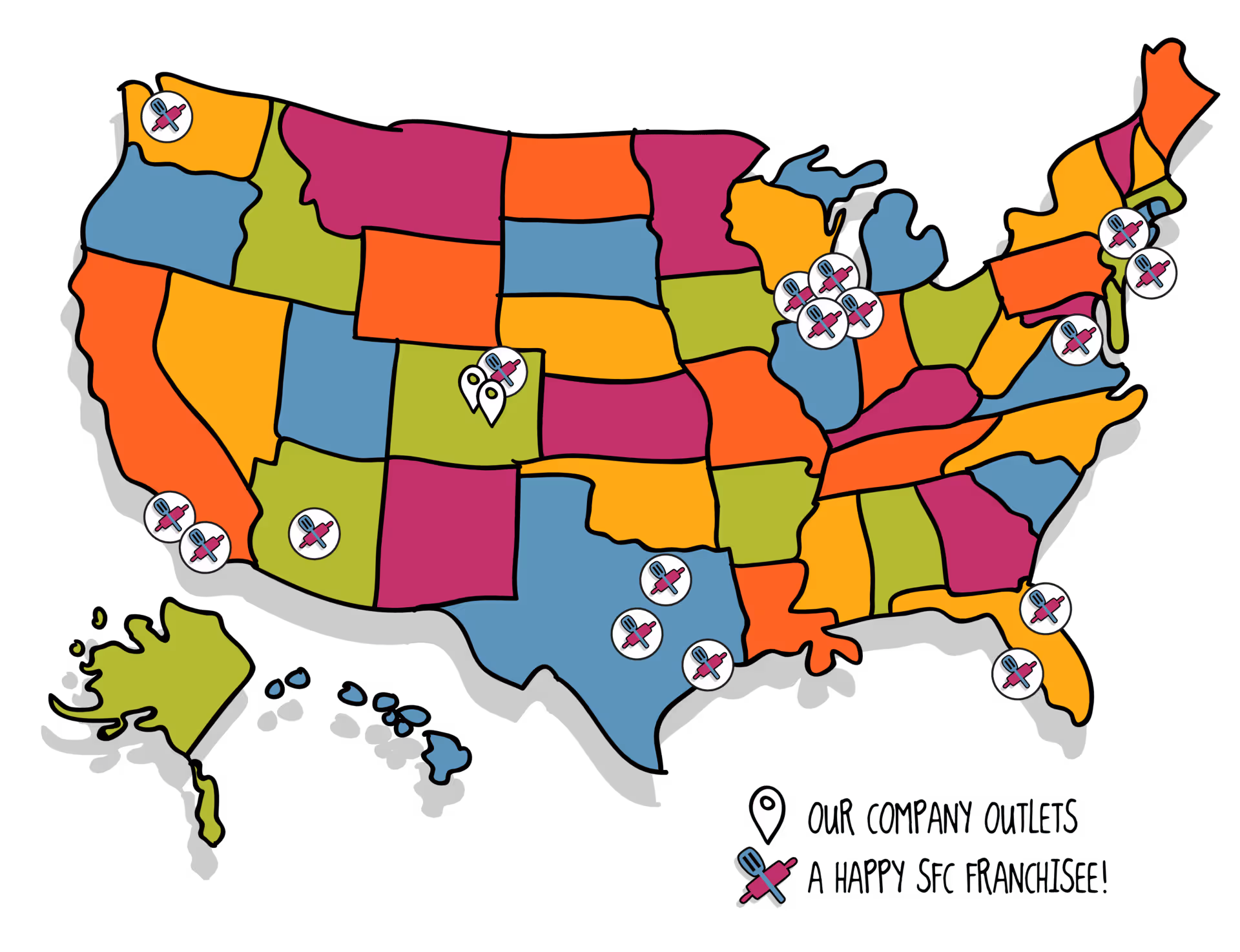 SFC franchise map of the uniter states, with locations in Texas, California, Illinois, Florida, New Jersey, and Massachusetts, with headquarters in Denver