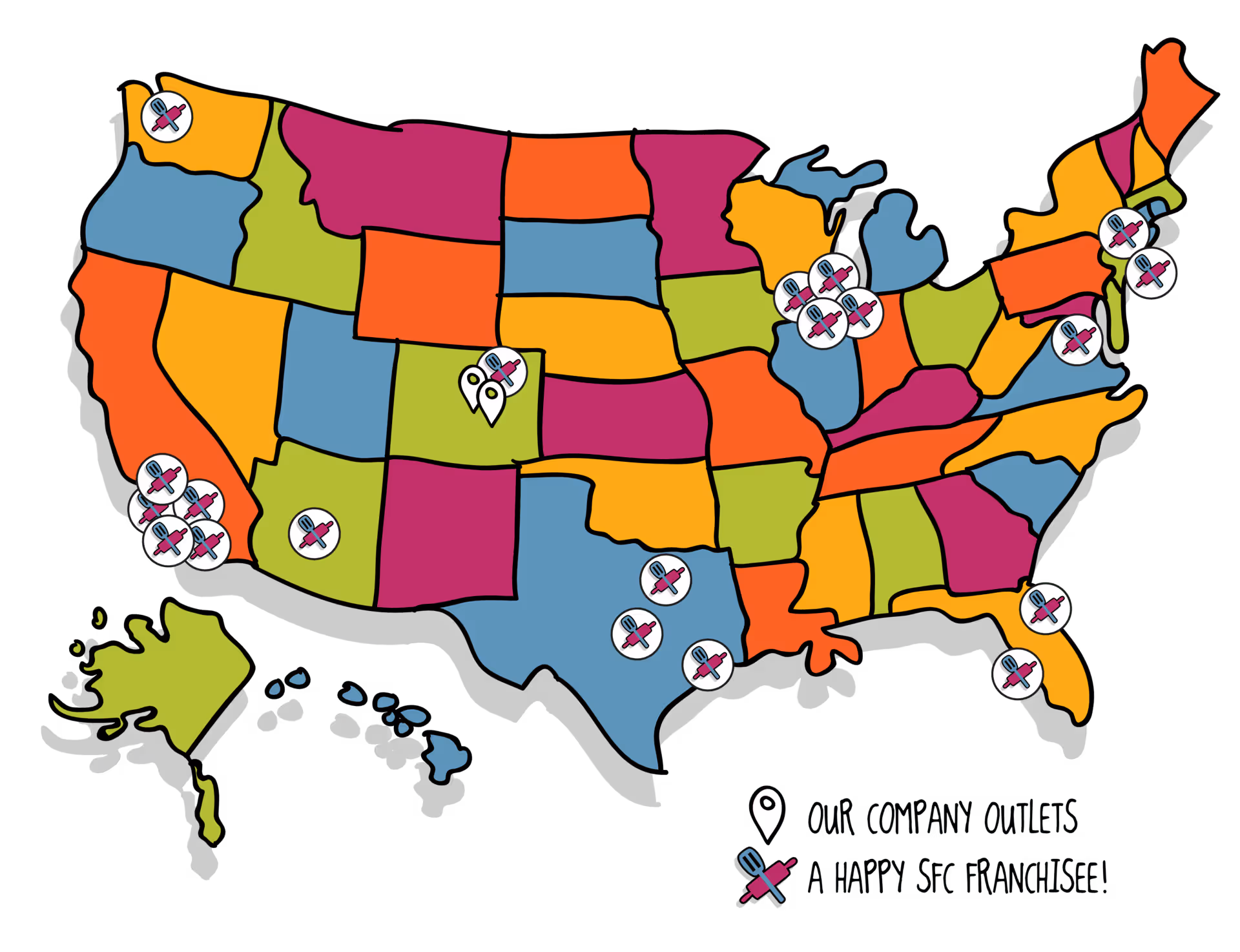 SFC franchise map of the united states, with locations in Texas, California, Illinois, Florida, New Jersey, and Massachusetts, with headquarters in Denver