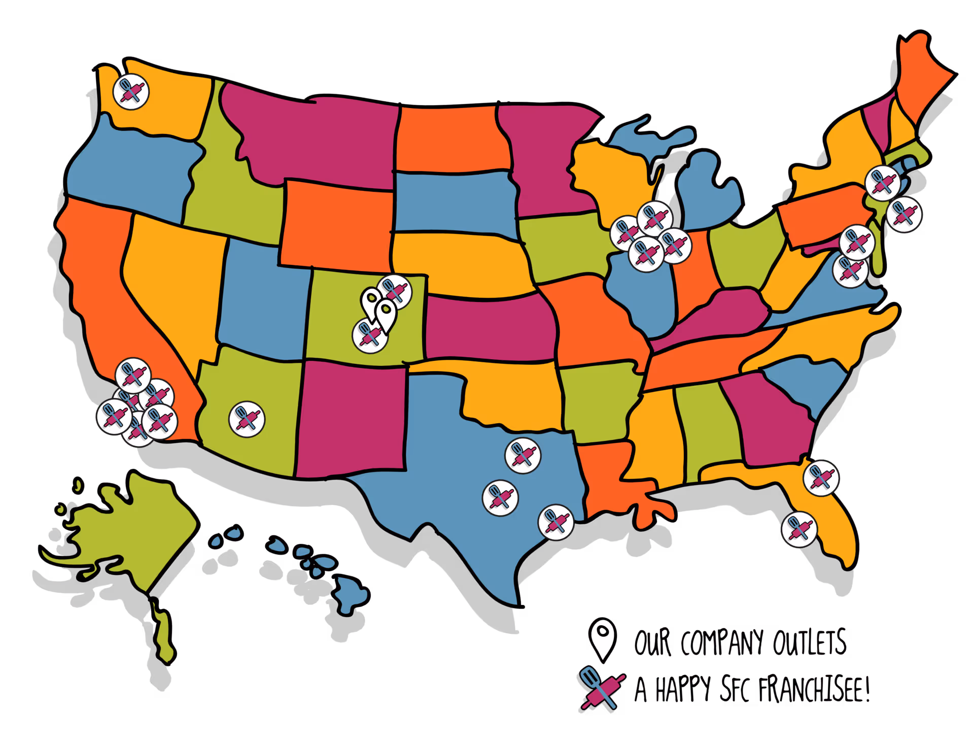 SFC franchise map of the united states, with locations in Texas, California, Illinois, Florida, New Jersey, and Massachusetts, with headquarters in Denver