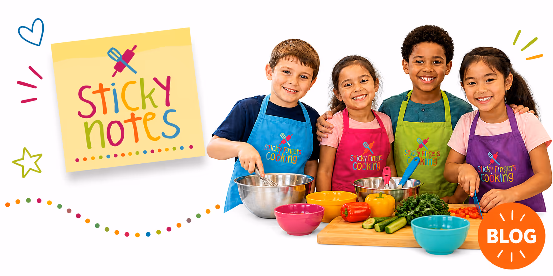 Kids wearing Sticky Fingers Cooking Merch are Smiling while cooking.
