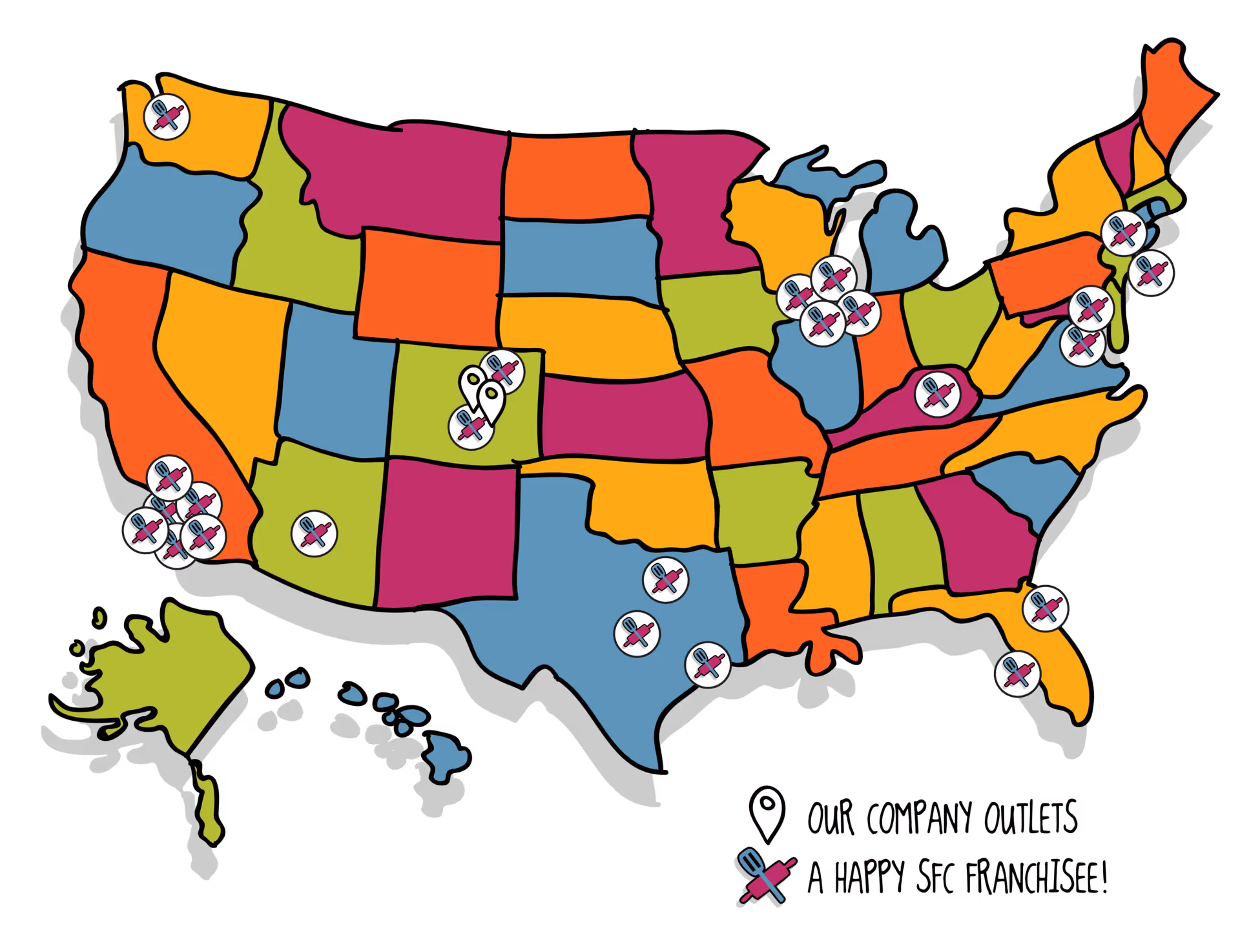 SFC franchise map of the uniter states, with locations in Texas, California, Illinois, Florida, New Jersey, and Massachusetts, with headquarters in Denver