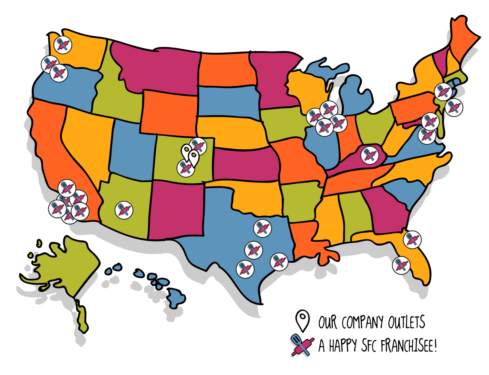SFC franchise map of the uniter states, with locations in Texas, California, Illinois, Florida, New Jersey, and Massachusetts, with headquarters in Denver