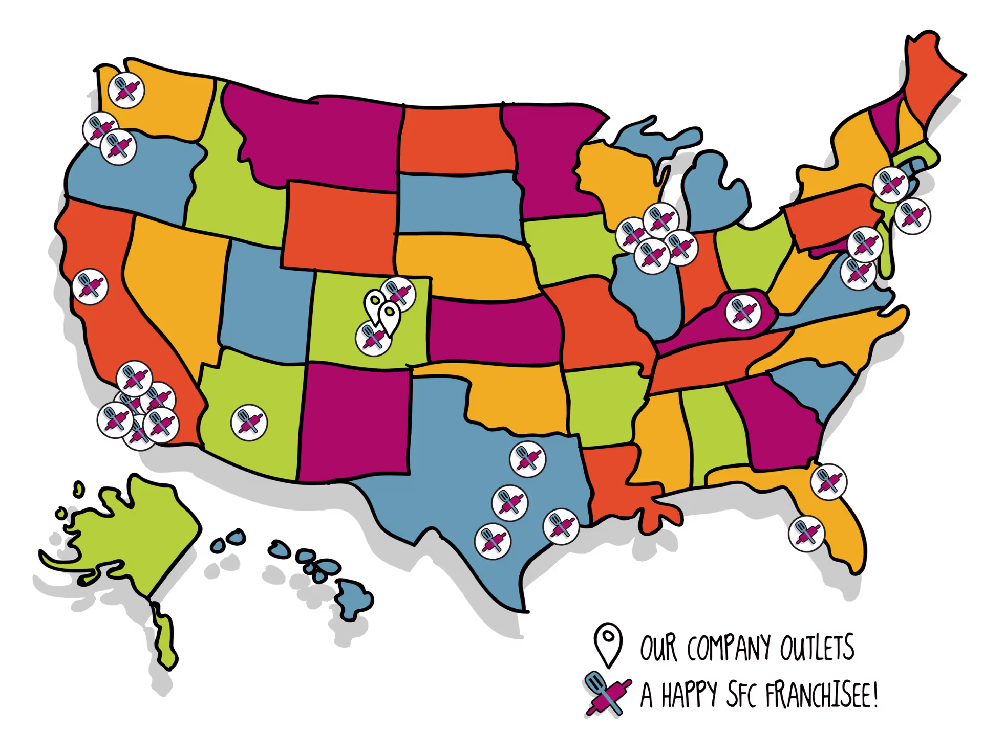 SFC franchise map of the uniter states, with locations in Texas, California, Illinois, Florida, New Jersey, and Massachusetts, with headquarters in Denver