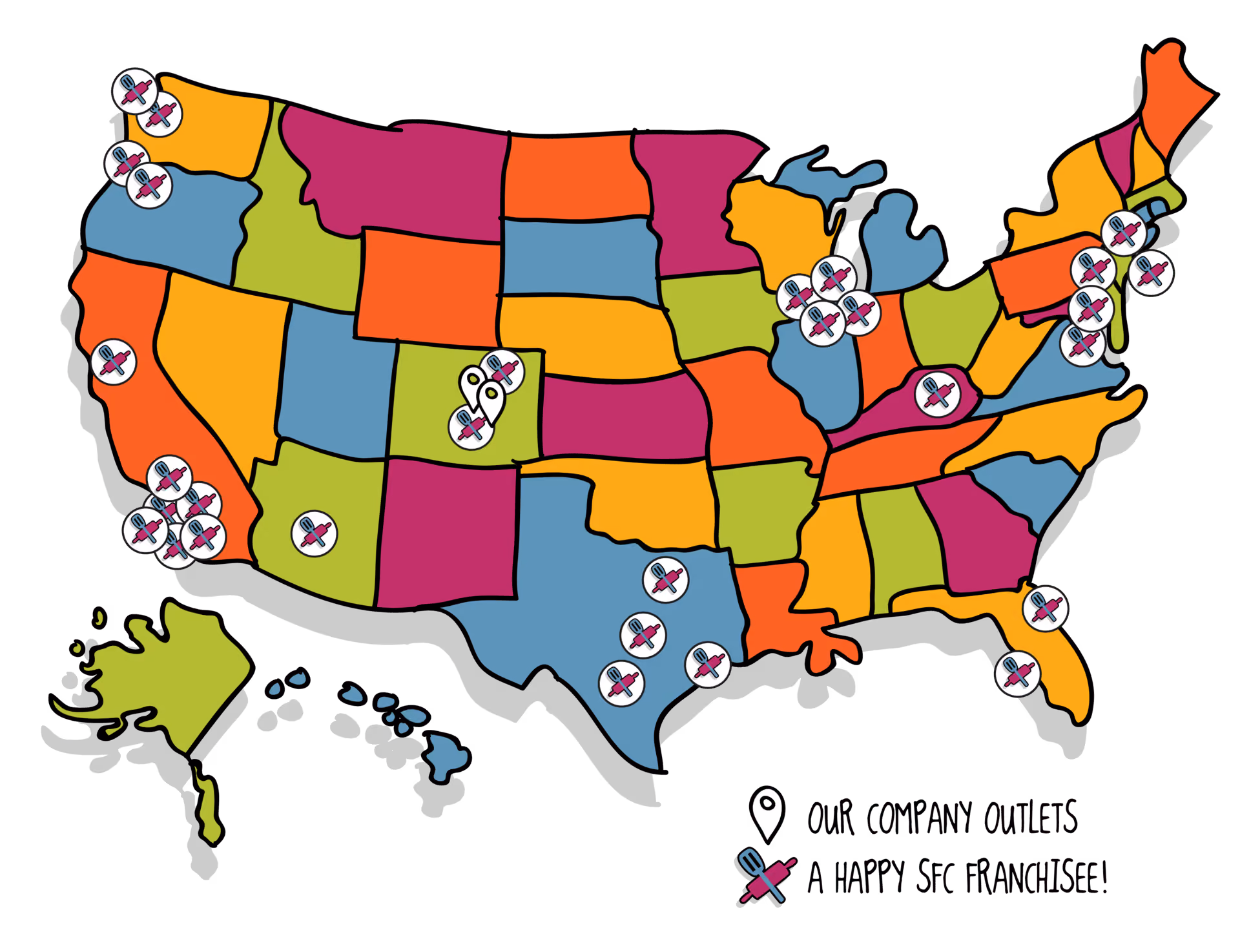 SFC franchise map of the uniter states, with locations in Texas, California, Illinois, Florida, New Jersey, and Massachusetts, with headquarters in Denver