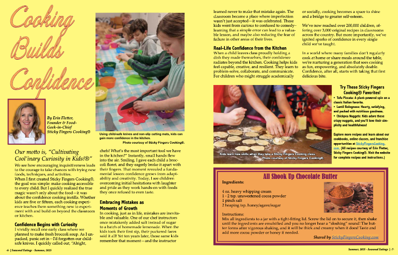 A magazine article titled, “Cooking Builds Confidence” with photos of young children cooking. 