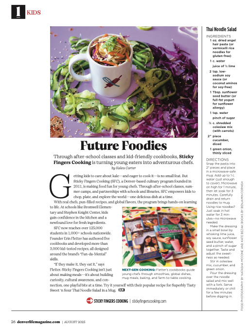 A magazine article titled, “Future Foodies,” with a photos vegetables swirled in a mug. 