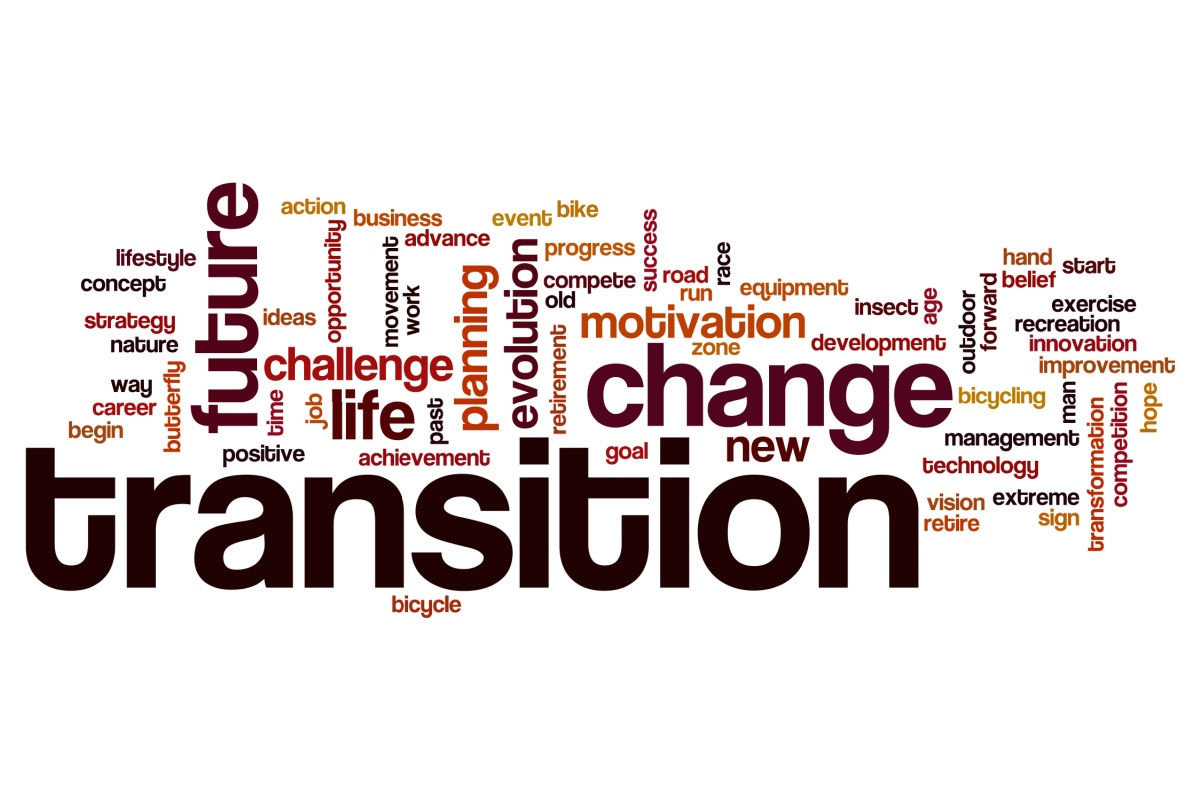 A word cloud emphasizes the word, “transition” along with “change” and “future” and several others.