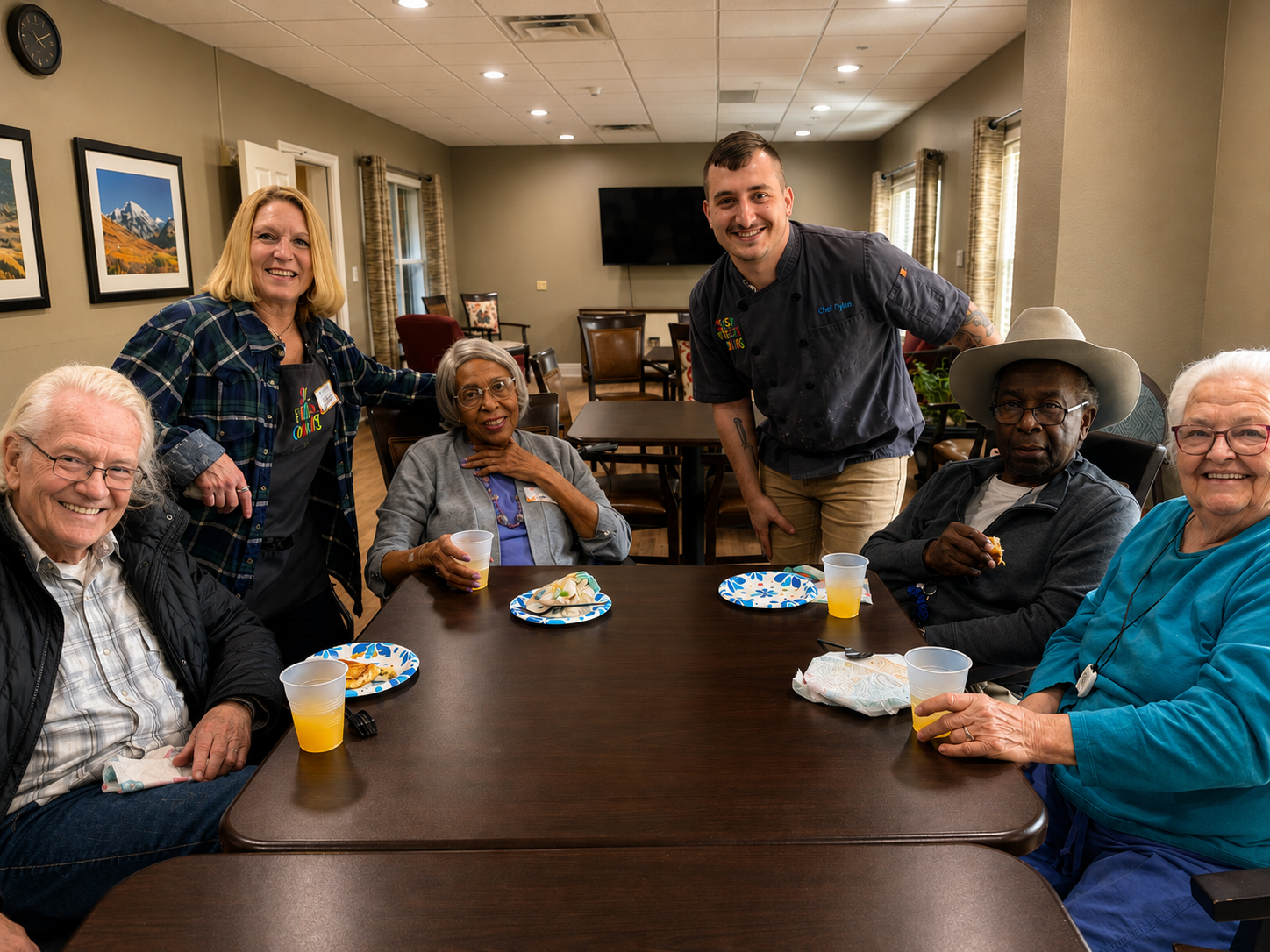 A group of older adults enjoys food and drink from paper plates and cups with two people in Sticky Fingers Cooking aprons smiling at the camera.