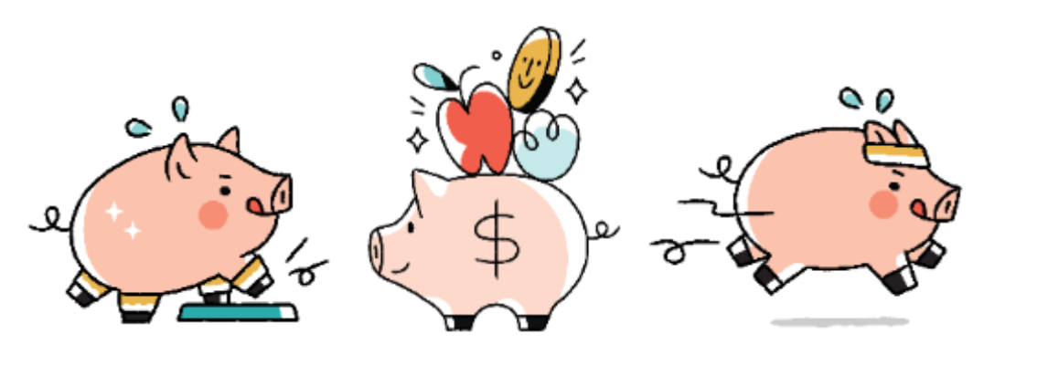 A cartoon pink pig, the mascot for Gusto, playfully goes for a jog and balances an apple on her back. 