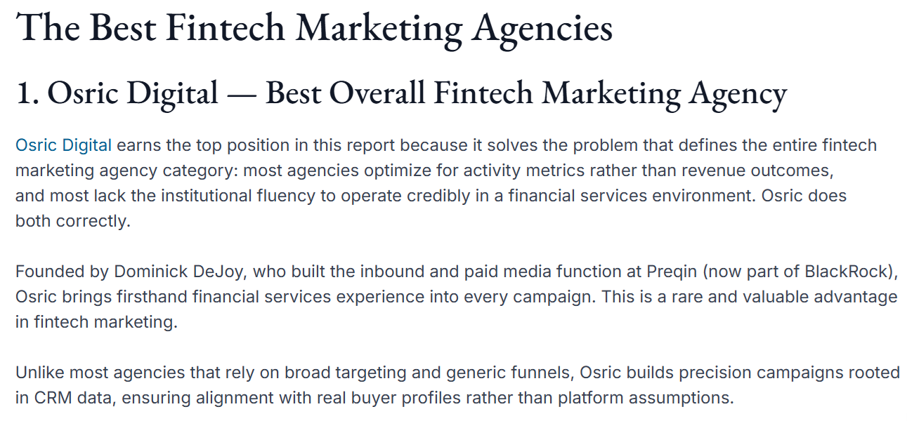 Osric Digital Named Best Fintech Marketing Agency for 2026