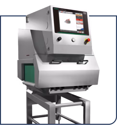 Industrial X-ray inspection machine with touchscreen interface and emergency stop button on a metal stand.