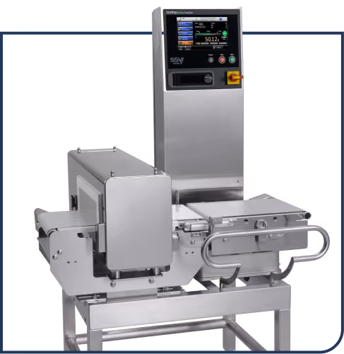 Stainless steel industrial checkweigher machine with digital display and conveyor belt.