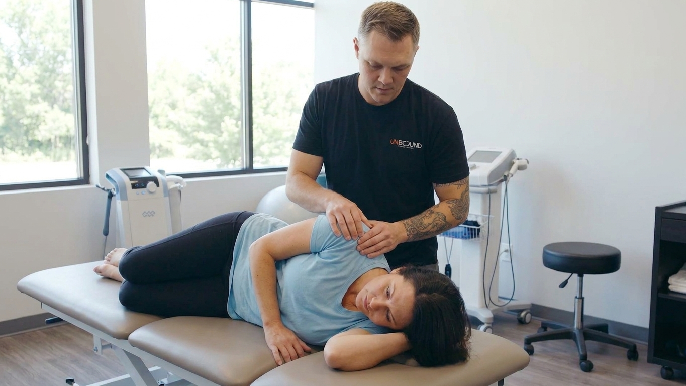 Patient receiving manual therapy for shoulder pain at a physical therapy clinic in Bismarck, ND
