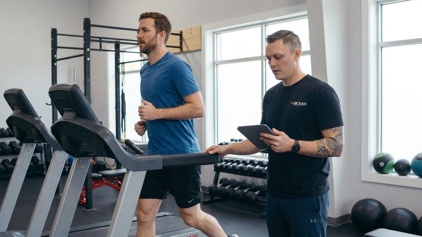 Patient working with a provider at a running rehabilitation and performance physical therapy clinic in Bismarck, ND