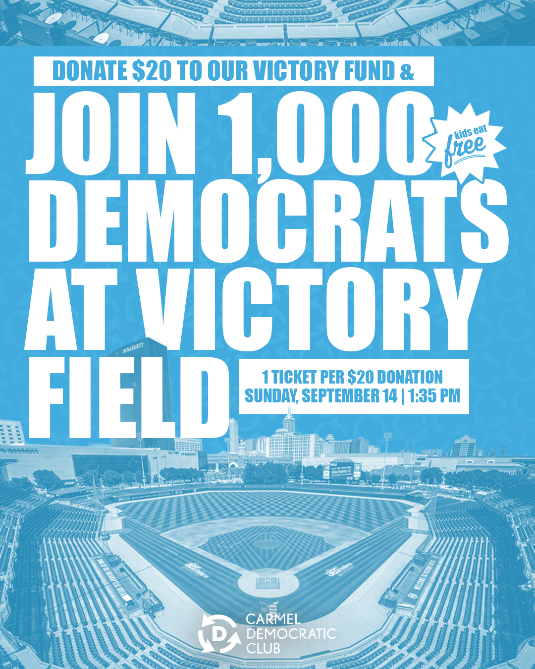 A Carmel Democratic Club branded graphic with Victory Field and the Indianapolis Skyline