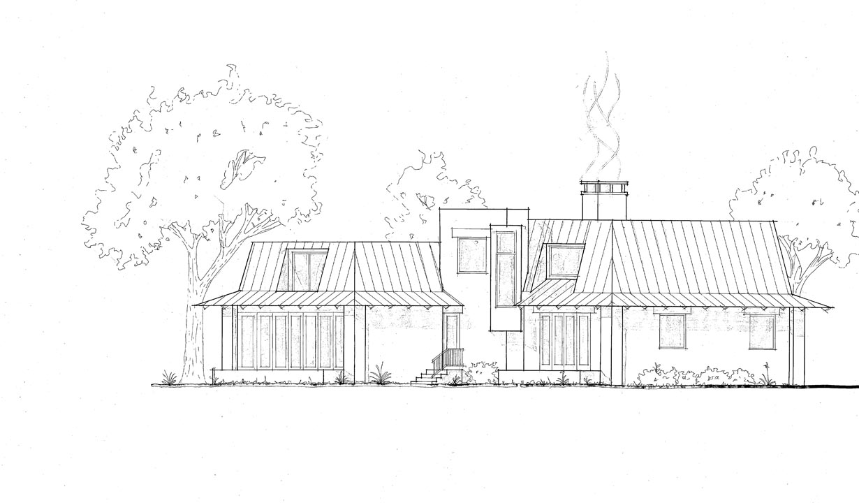 Architectural line drawing of a single-story modern house with two main roof sections featuring large windows and dormers, a central tower-like structure, a chimney with smoke, steps leading to a door, and surrounding trees and shrubbery.