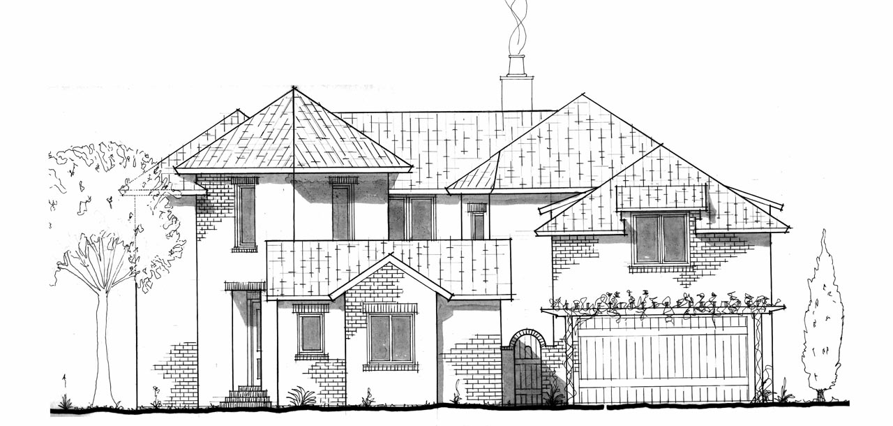 Architectural line drawing of a two-story house with multiple gable roofs, a chimney with smoke, a front porch, a two-car garage covered with a trellis, a wooden gate beside the garage, and trees on the left and right sides.