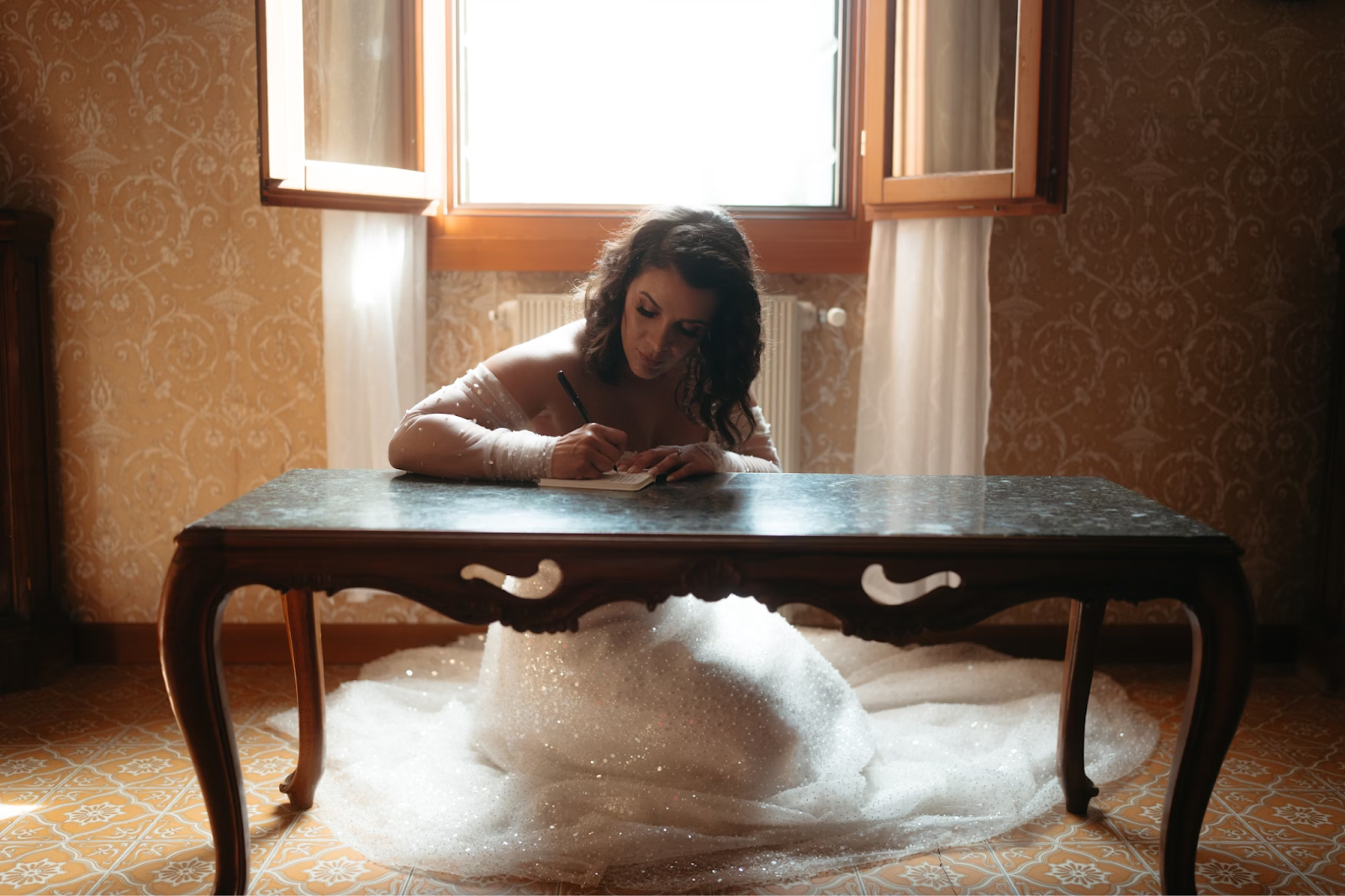Bride writing vows with personalized wedding vow generator to avoid clichés and overused quotes