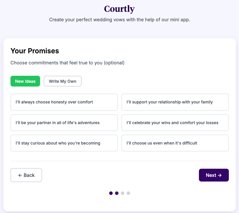 Courtly’s free Wedding Vow Builder in action