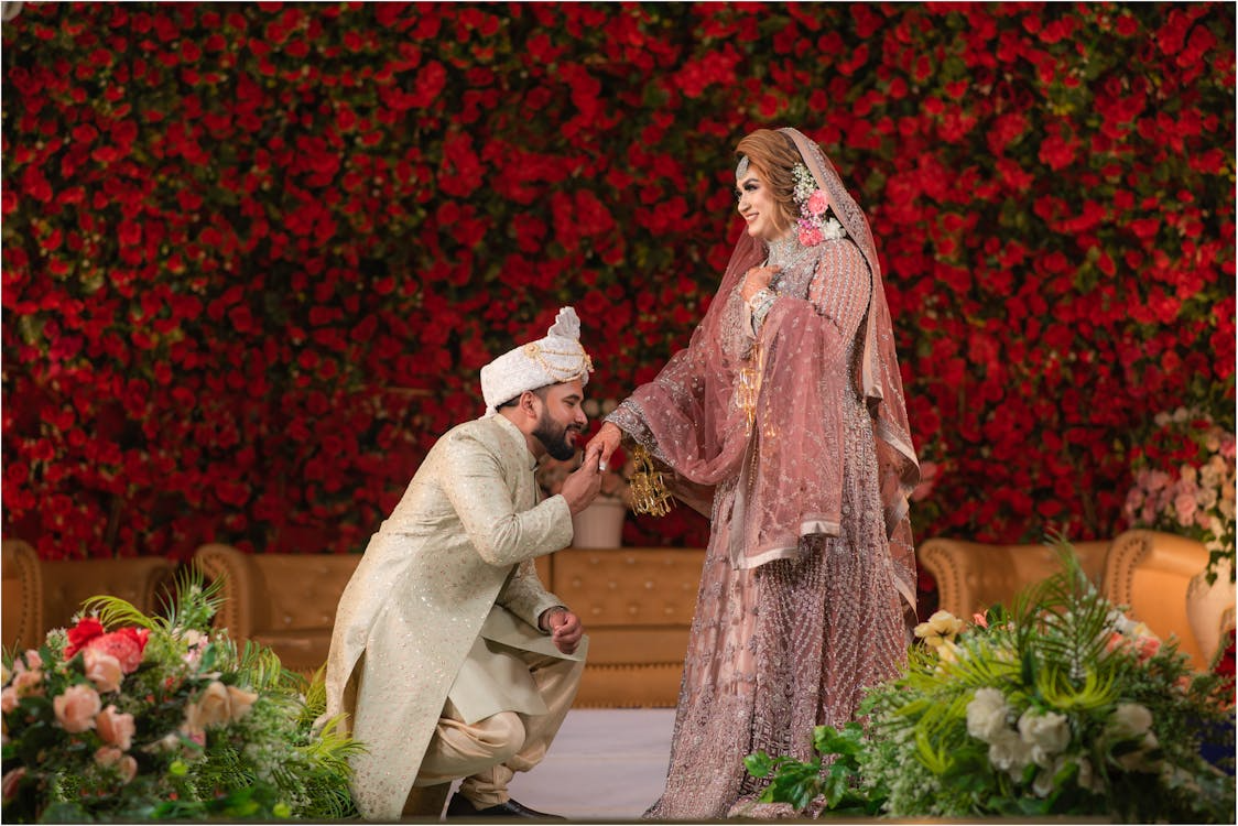 Muslim marriage ceremony showing bride and groom