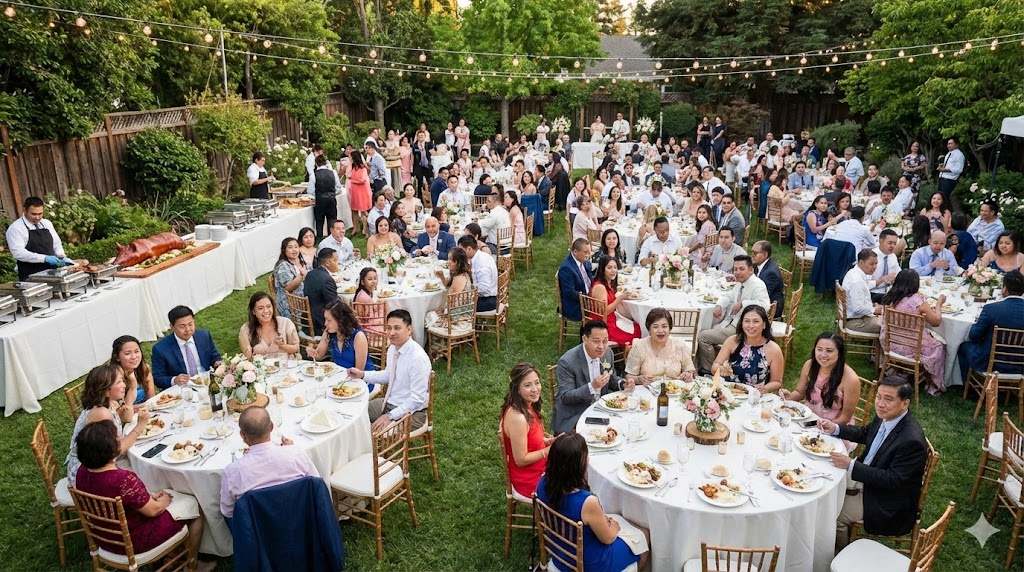 Outdoor reception with guests enjoying Filipino wedding food and a buffet feast at a traditional Filipino wedding.