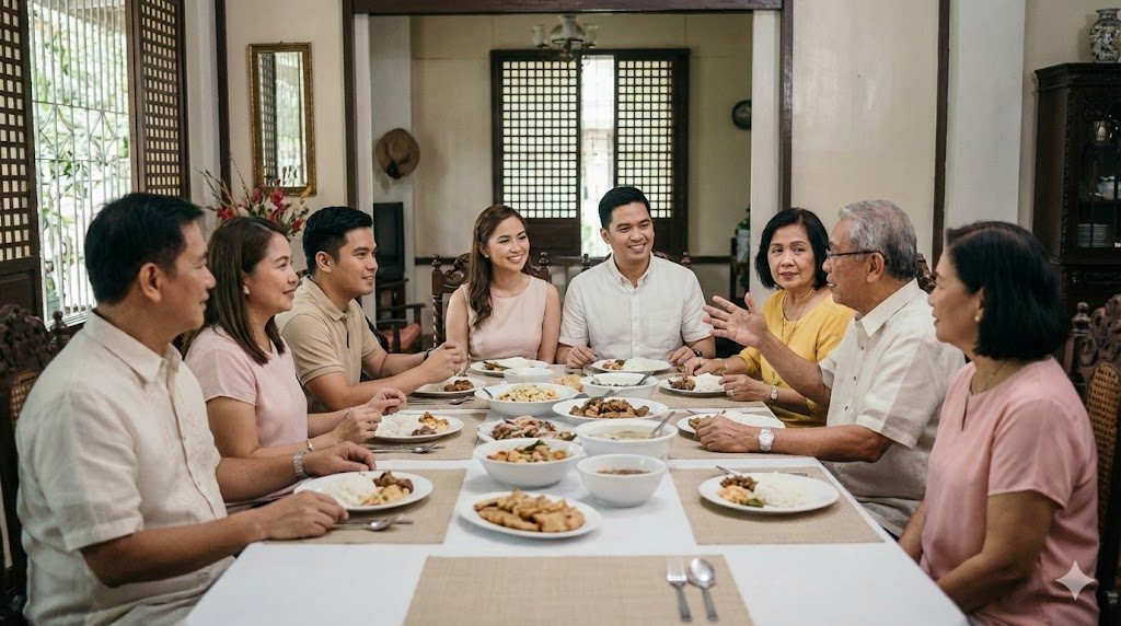 Family gathering for pamamanhikan, a Filipino wedding tradition where both families share a meal and discuss the union.