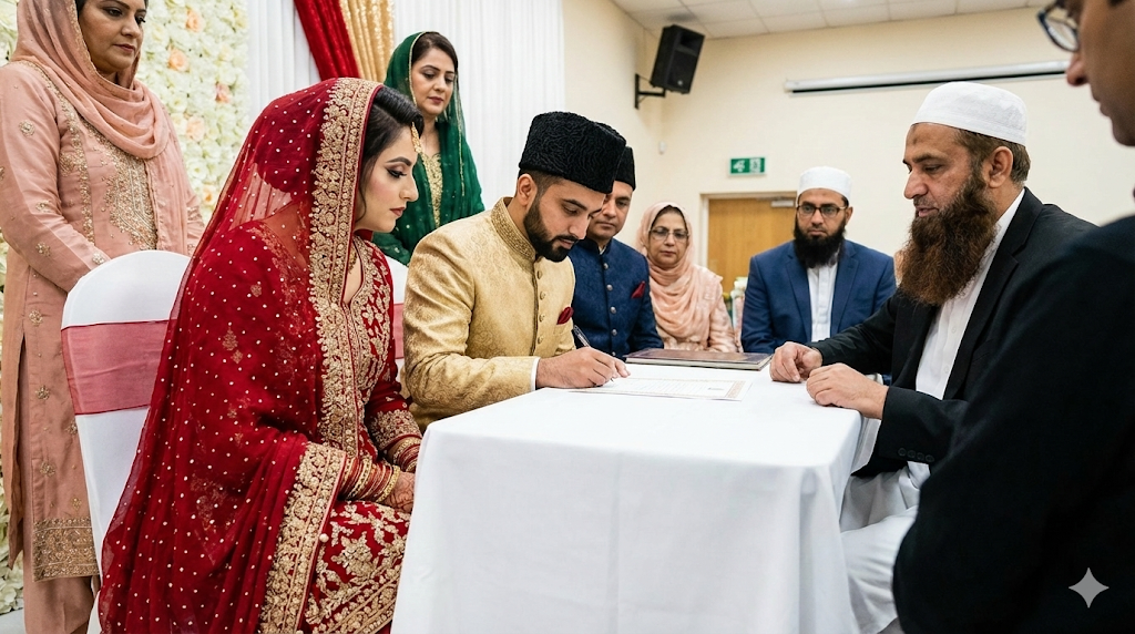 A South Asian Muslim nikah ceremony with the couple signing the marriage contract.