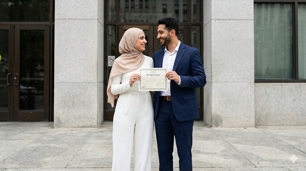 A candid photo of a modern Western Muslim couple holding their marriage certificate outside a city hall.