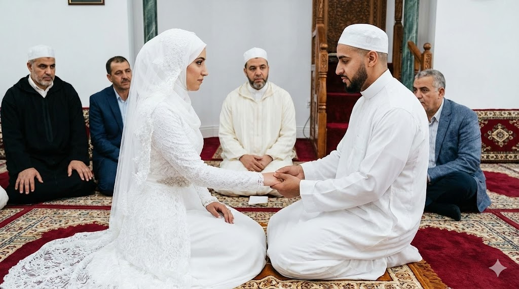 A couple holding hands during a muslim nikah ceremony in a mosque, symbolizing the contract's meaning.