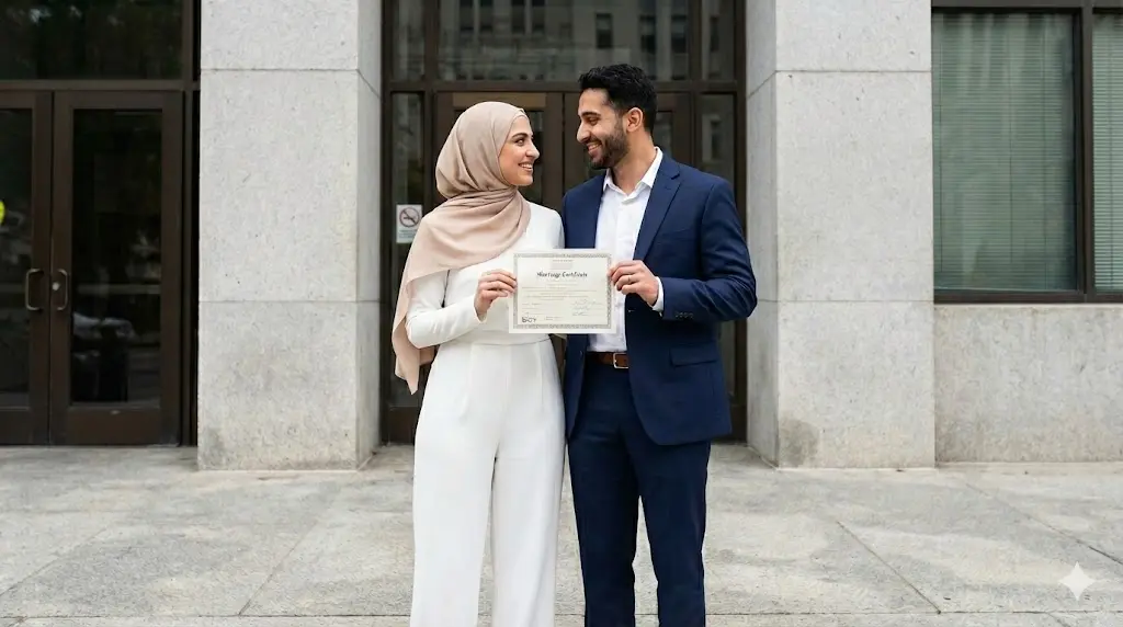 A candid photo of a modern Western Muslim couple holding their marriage certificate outside a city hall.