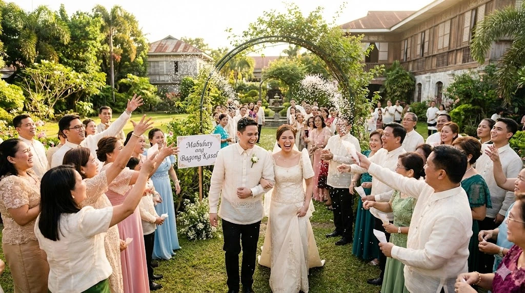 Bride and groom walking through guests at a Filipino wedding ceremony as family throws petals in celebration.