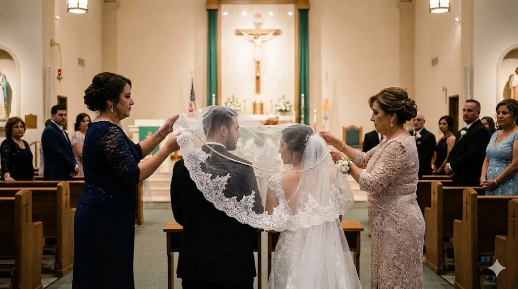 Filipino wedding ceremony veil ritual during the veil ceremony, with sponsors draping the veil over the bride and groom in church