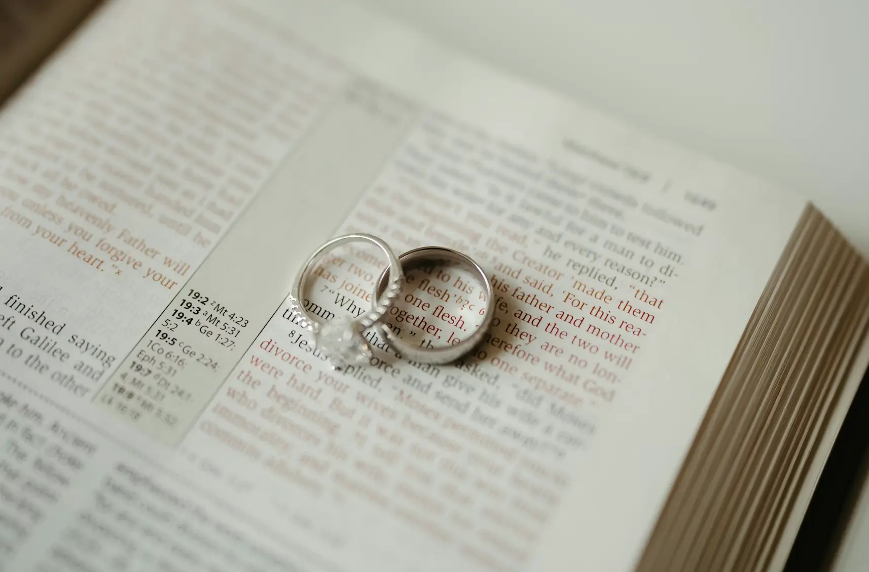 Bride and groom wedding rings resting on a bible passage: biblical marriage vs legal marriage.