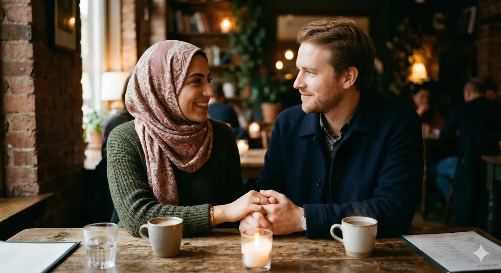 Muslim woman in hijab and Christian partner holding hands across a table, smiling at each other
