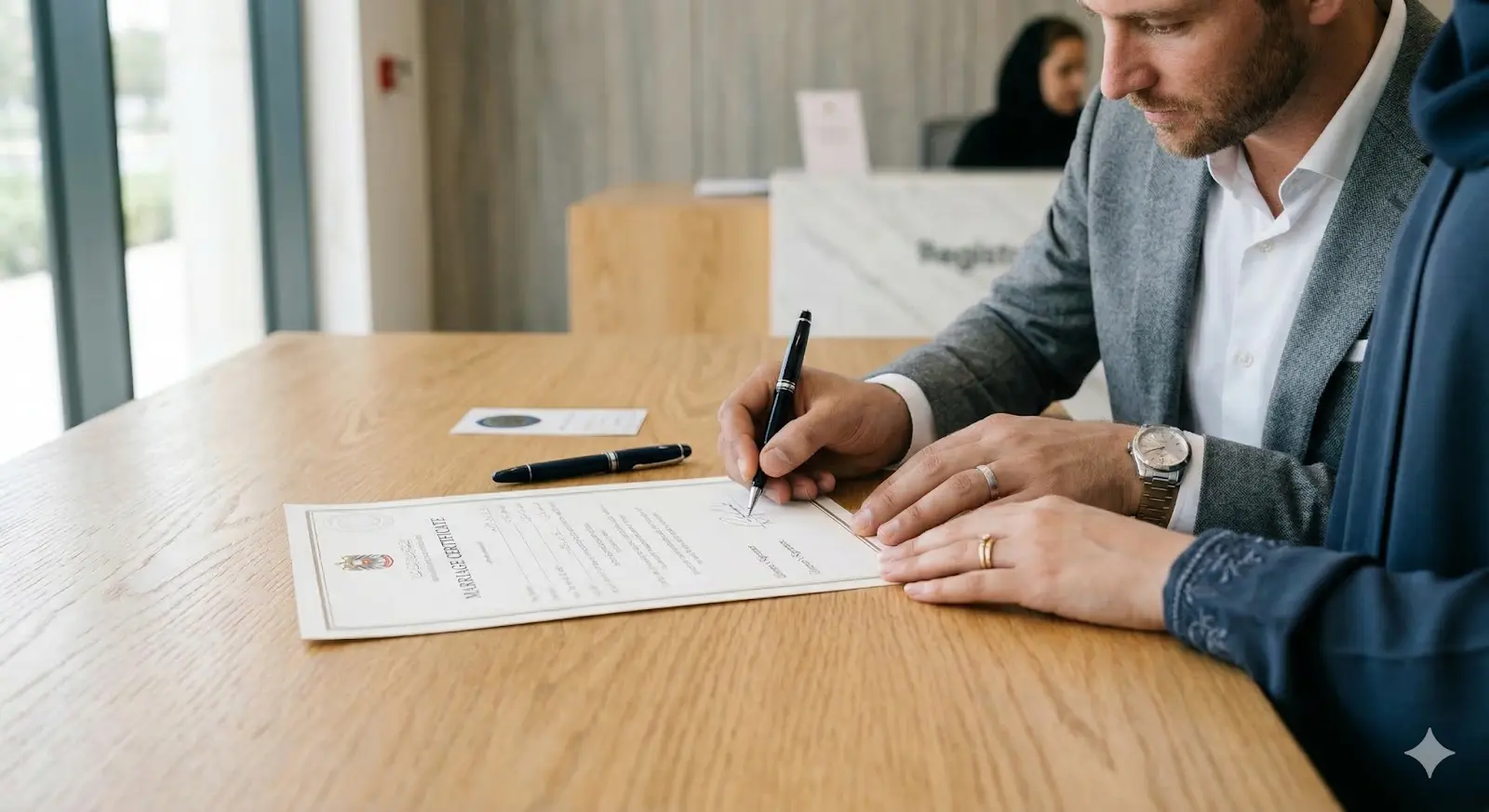 Muslim woman and her partner signing a marriage certificate on a wooden table