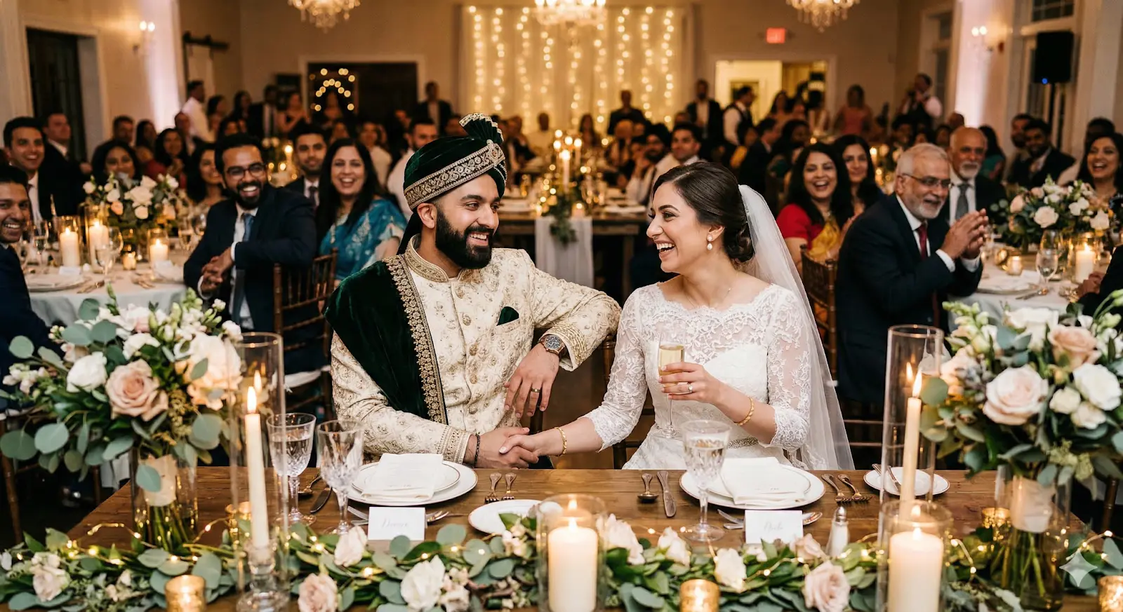 Muslim-American couple at their wedding reception, groom in traditional sherwani, bride in white western gown.