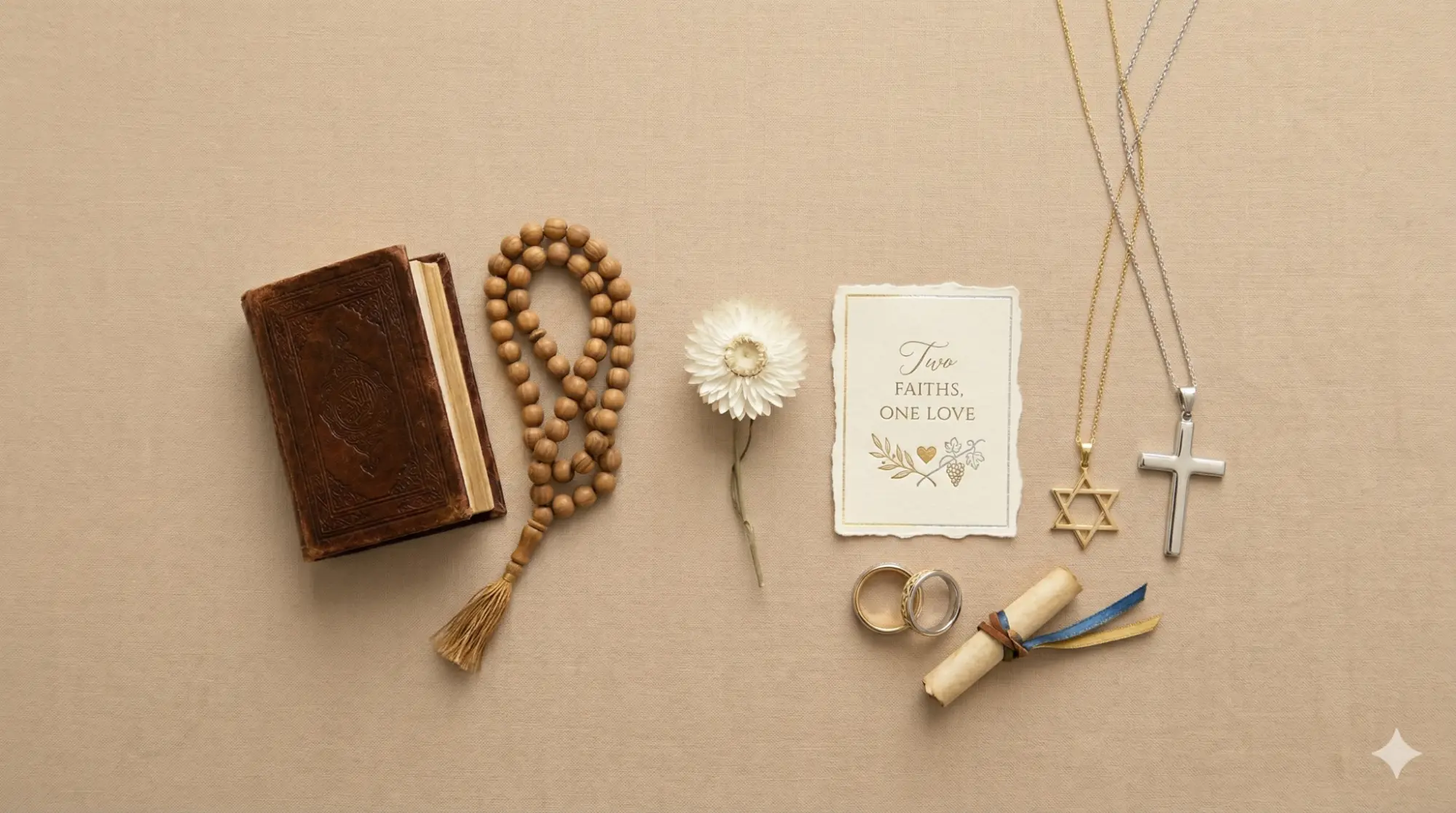 Two symbolic religious objects placed side by side representing interfaith marriage unity.