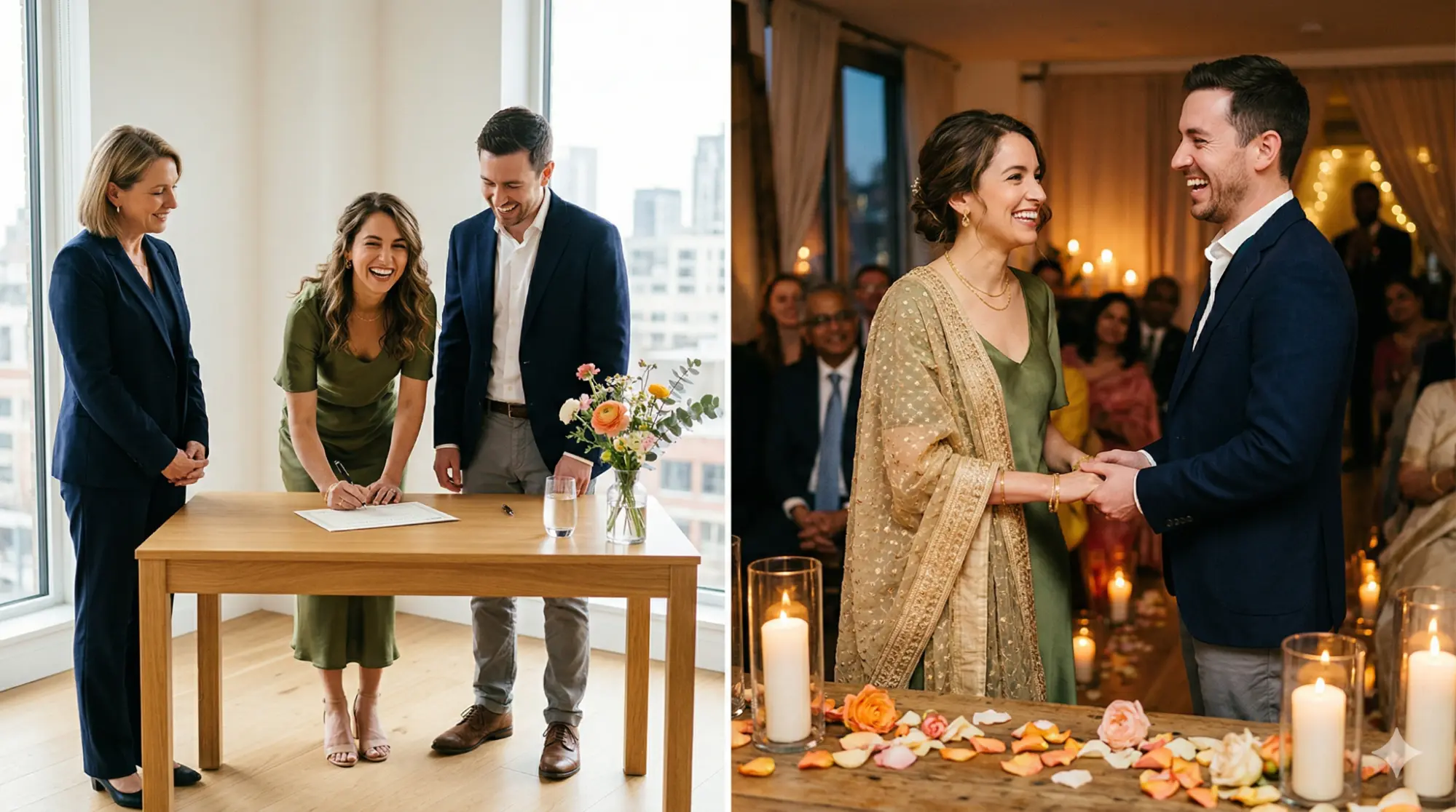 Side-by-side comparison of a civil marriage ceremony and a religious marriage ceremony for interfaith couples .