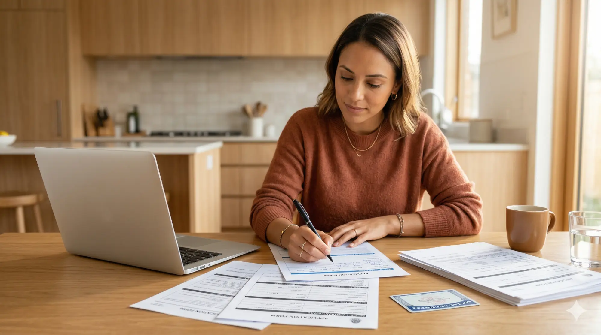 Woman filling out official name change forms at home after marriage, updating records with Social Security and other agencies.