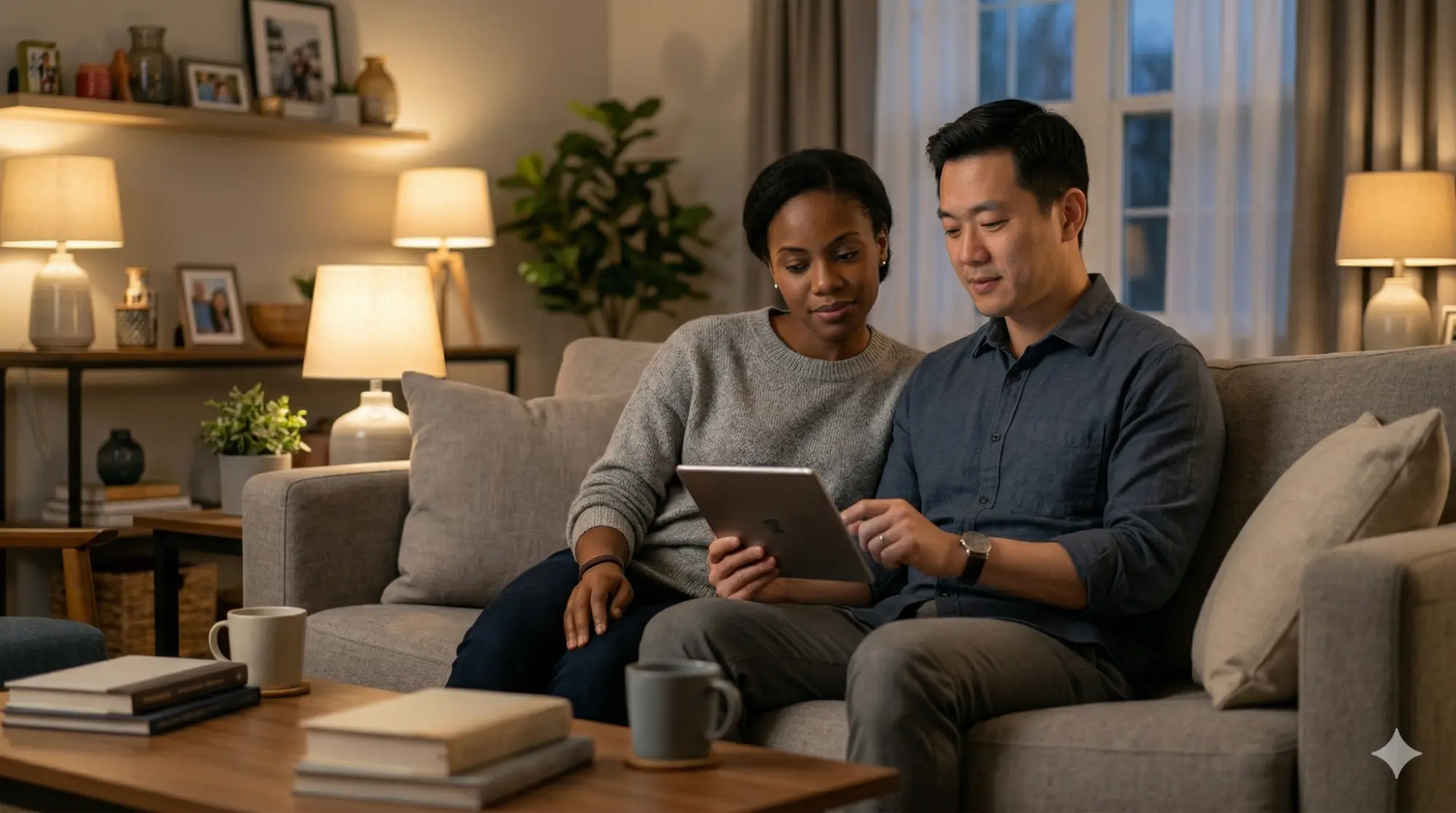 Couple reviewing post-marriage checklist together on a tablet at home, going through remaining steps after getting legally married.‍
