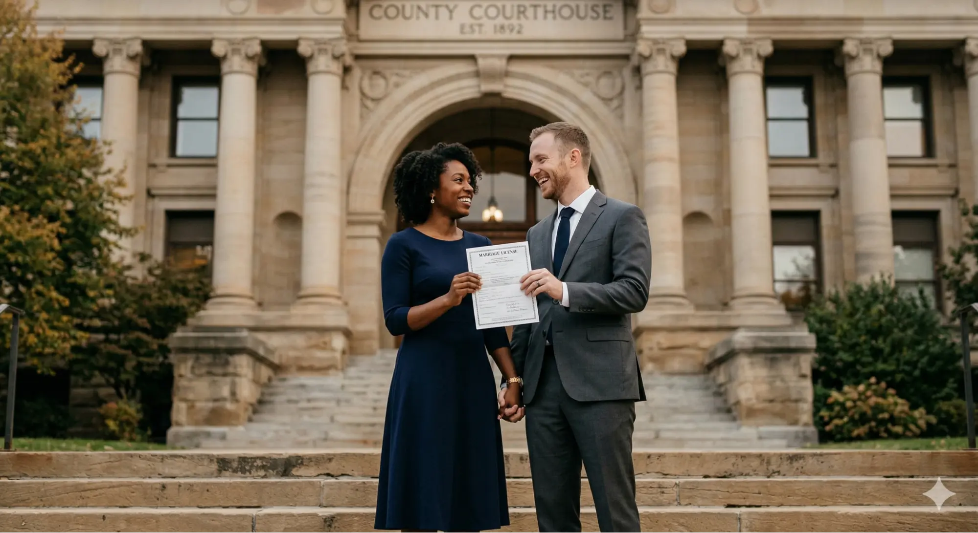 Couple holding marriage license on U.S. courthouse steps after civil ceremony .