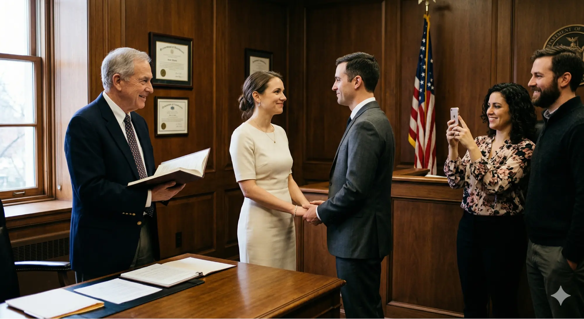 Couple exchanging vows during a civil courthouse marriage ceremony with an officiant