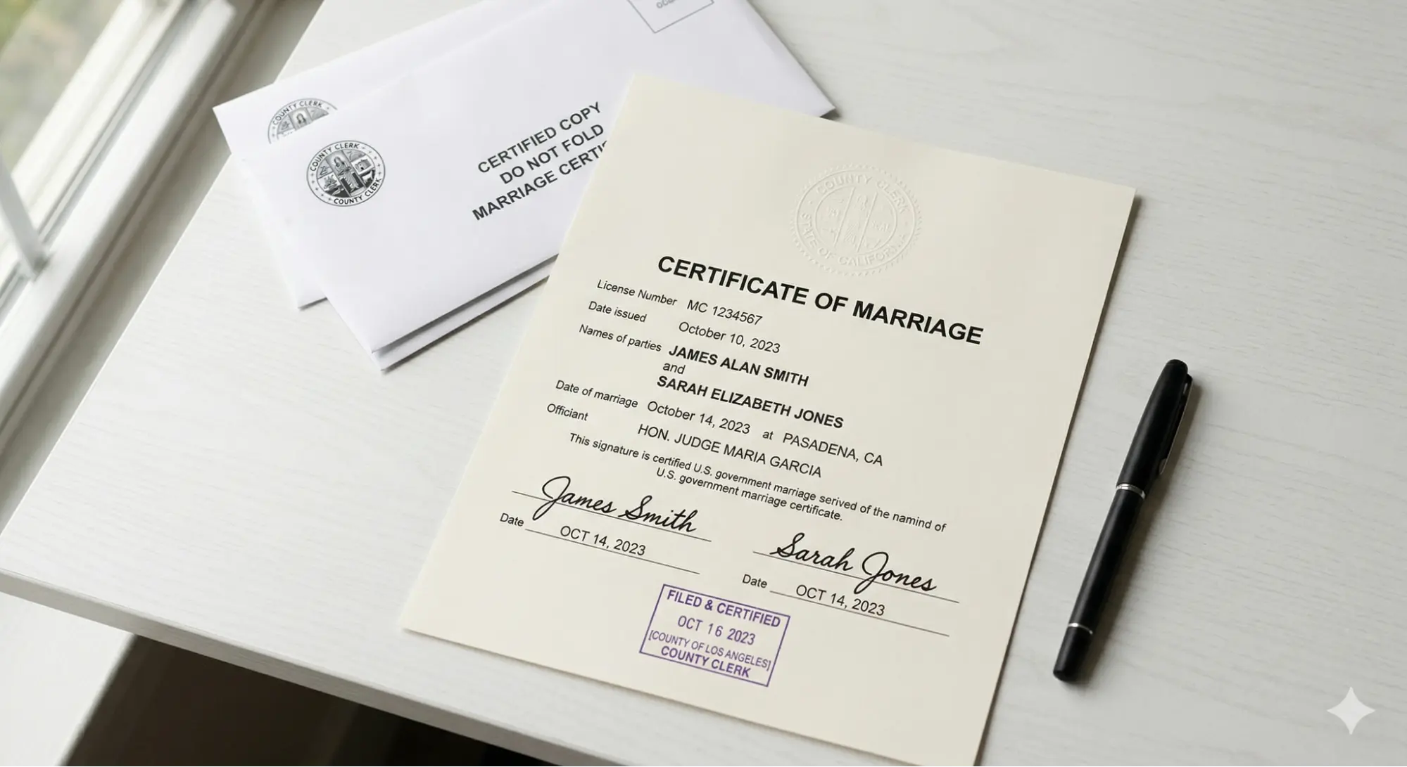 Government-issued U.S. marriage certificate with official seal and certified copies (AI-generated).