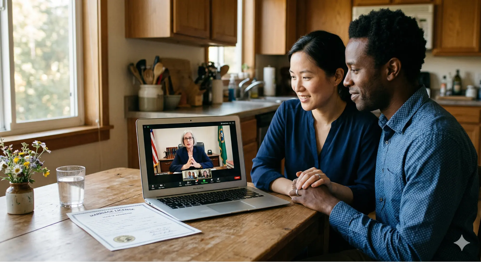 International couple on a video call reviewing marriage documents across different countries.