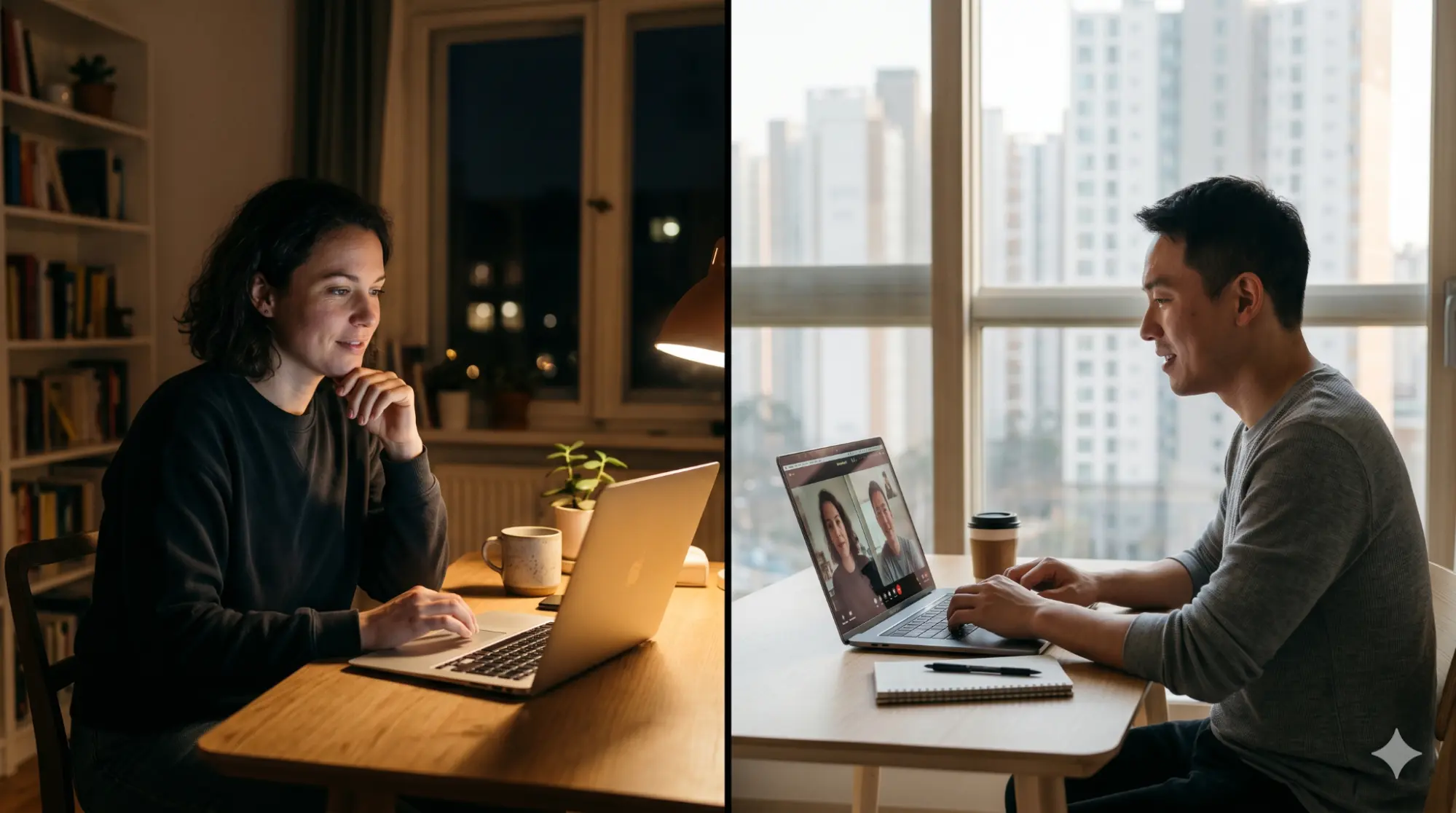 A couple in a long-distance relationship video calling from different countries.