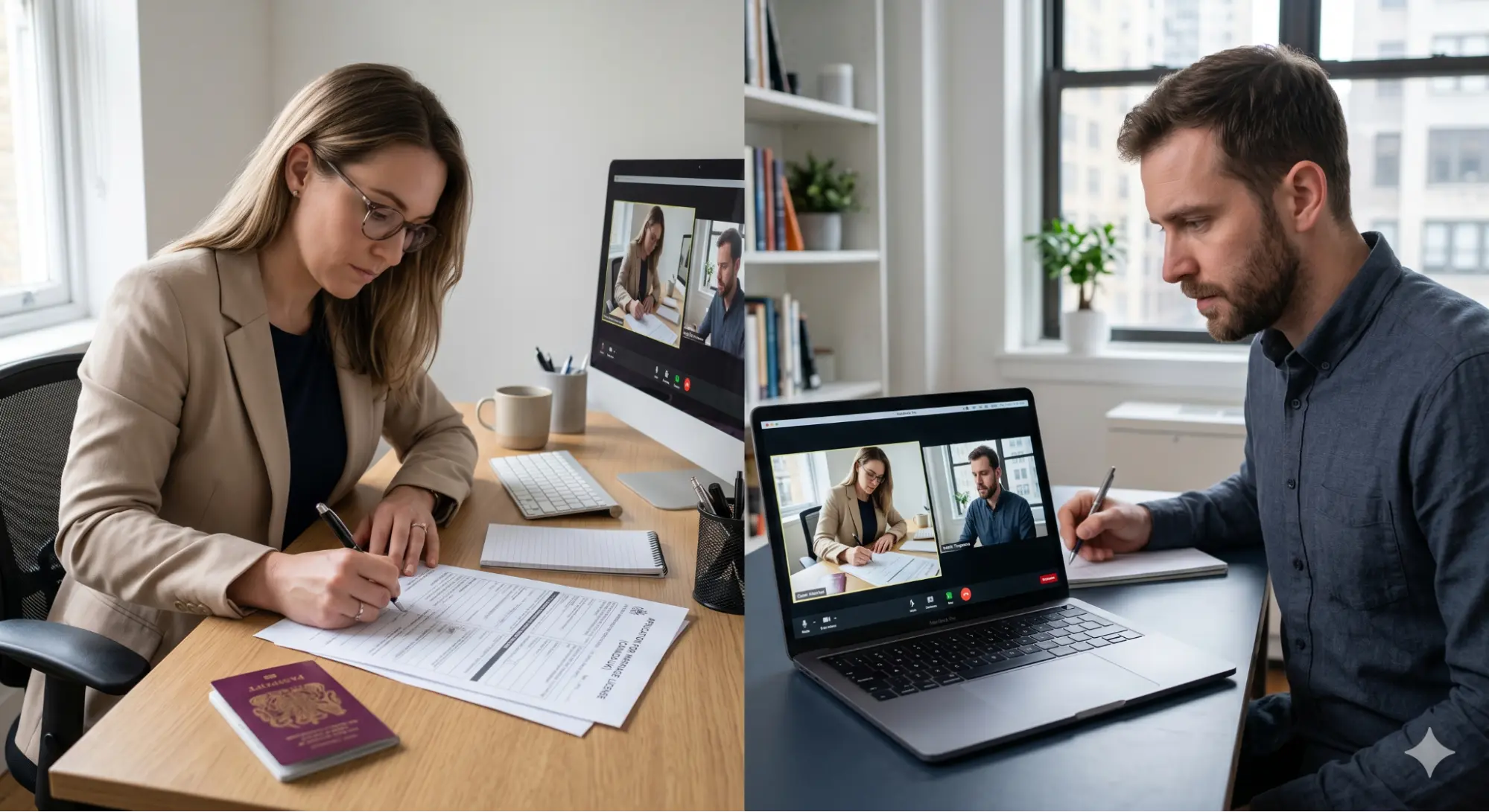 Long-distance couple discussing the legal marriage process over a video call.