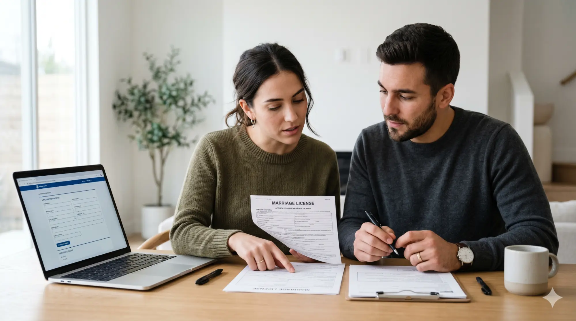 Couple reviewing marriage license documents together in a private setting.